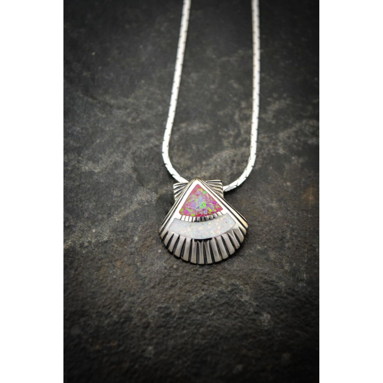 Pink And White Opal Sterling Silver Sea Shell Pendant